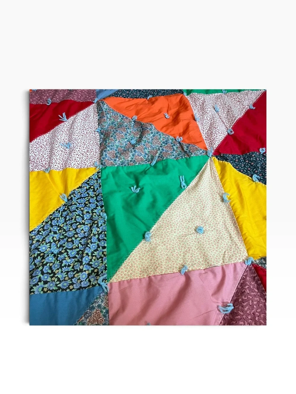 Patchwork Baby Quilt  Square Triangles Multicolor Handmade 46”x46” Lap Blanket
